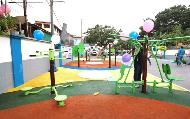 The park also features outdoor exercise equipment for adults and the elderly